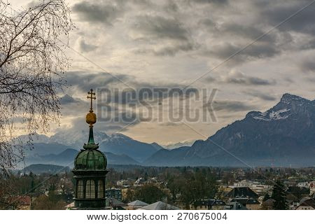 Aerial View Of Back Of Salzburg Towards The Mountains