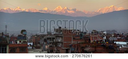 Evening Panoramic View Of Patan Or Pathan Town And Kathmandu City With Himalayas Mountains, Nepal