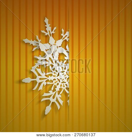 Christmas Illustration With Swhite Big Snowflakes Which Protrudes From The Cut On A Striped Backgrou