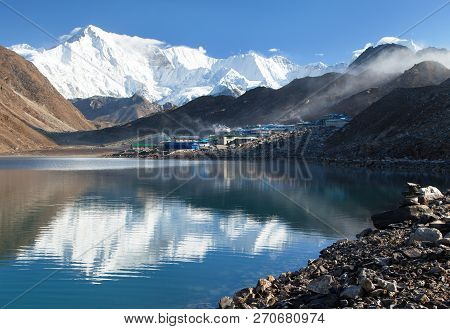View Of Mount Cho Oyu Mirroring In Gokyo Lake Or Dudh Pokhari, Three Passes Trek And Cho Oyu Base Ca
