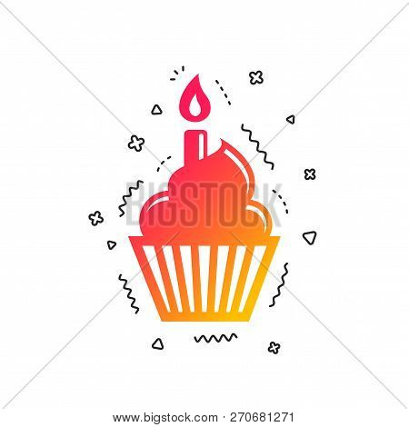 Birthday Cake Sign Icon. Cupcake With Burning Candle Symbol. Colorful Geometric Shapes. Gradient Bir