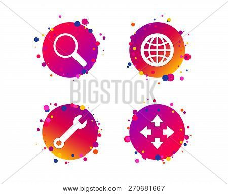 Magnifier Glass And Globe Search Icons. Fullscreen Arrows And Wrench Key Repair Sign Symbols. Gradie