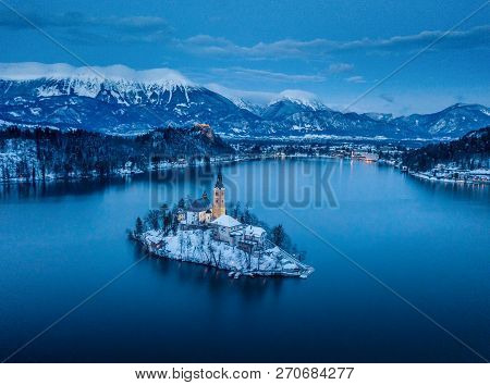 Beautiful Aerial Twilight View Of Lake Bled With Famous Bled Island And Historic Bled Castle In The 