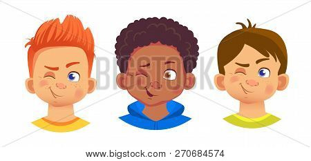 Boys Character Set. Emotions Of Children Face. Face  Illustration