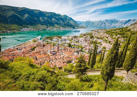 Scenic Panoramic View Of The Historic Town Of Kotor With Famous Bay Of Kotor On A Beautiful Sunny Da