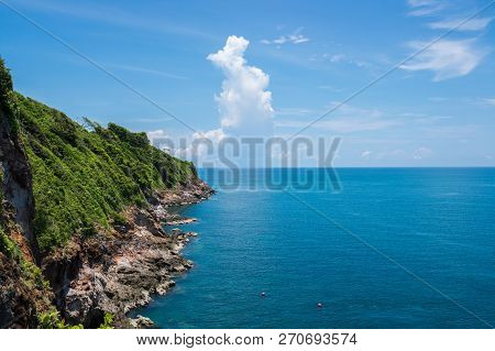 Seascape With The Forest Cliff And Clear Sky In The Morning, Koh Talu In Thailand