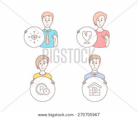 People Set Of Parcel Delivery, Parking Time And Fragile Package Icons. Parking Sign. Logistics Servi