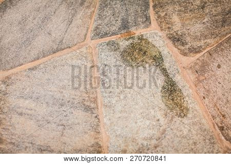 Wet Footprint On Floor,wet Footprints On The Floor After Taking A Shower Outdoors Or Swimming Pool.