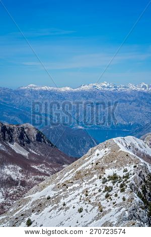 Kotor Bay And Stunning Mountain Winter Landscape As Seen From The Top Of Mount Lovcen In Lovcen Nati