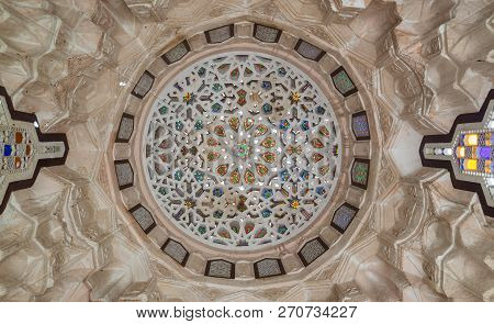 Cairo, Egypt - October 27 2018: Carved Plaster Dome Decorated With Colored Glass Pieces Of A Pergola