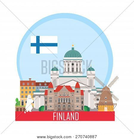 Travel Background. Suitcase With Landmarks Of Finland. Web Advertising Banner. Infographic Luggage W