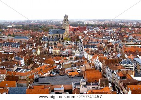 Bruges. Belgium. Panoramic View Of Medieval Old Town