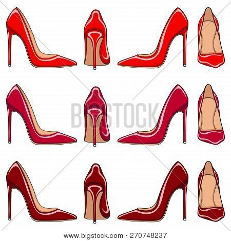 Female Red Classic Shoes With Heels. Set Of Vector Color Illustrations On A White Background.