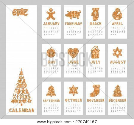 Pig Calendar For 2019 With Gingerbread Cookies Figures