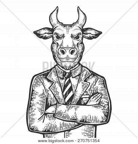 Bull Head Stock Exchange Worker Businessman Engraving Vector Illustration. Scratch Board Style Imita