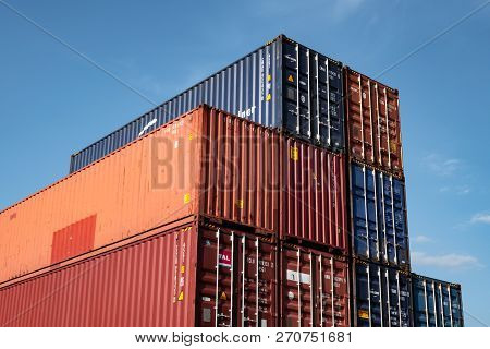 Senov, Czech Republic - April 22, 2016: A Lot Of Red And Blue Containers Waiting For Transportation 