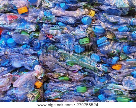 Nuremberg, Germany - November 13, 2018: Crushed Plastic Bottles For Recycling
