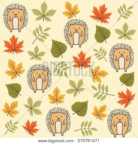 Doodle Autumn Seamless Pattern With Leaves And Hedgehogs
