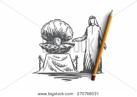Jewel, Pearl, Property, Muslim, Luxury Concept. Hand Drawn Pearls At The Exhibition And Arab Man Con