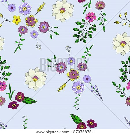 Seamless Pattern With Wild Flowers In The Style Of The Doodle