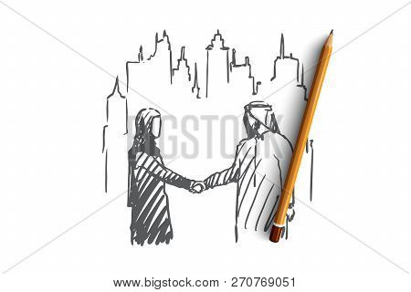 Businessman, Agreement, Outsourcing, Muslim, Companion Concept. Hand Drawn Muslim Man And Woman Shak