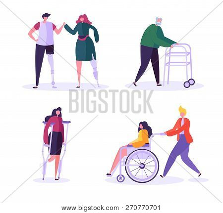 Disabled People Characters. Woman In Wheelchair With Careful Man. Patients With Disabilities, Girl O