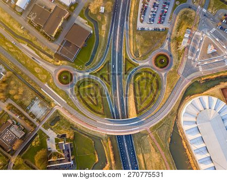 Modern Beltway Around City Of Groningen With Roundabout And Ramp For Vehicles