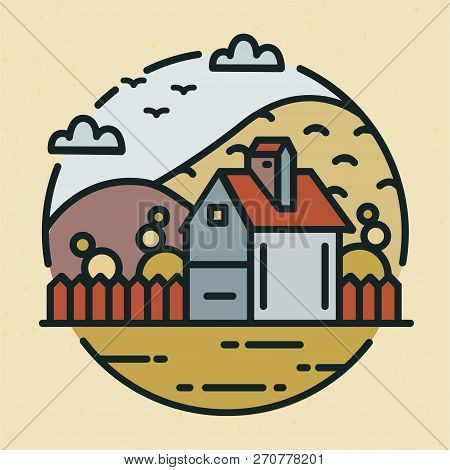 Trendy Logotype With Farmhouse Or Ranch House And Hills Covered With Cultivated Fields. Circular Log