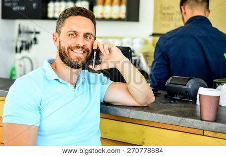 Man Mobile Conversation Cafe Barista Background. Drink Coffee While Waiting. Coffee Take Away Option