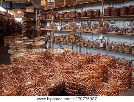 Camacha, Madeira, Portugal - April 19, 2018: Wicker Baskets On Sale In A Factory Shop In Camacha On 