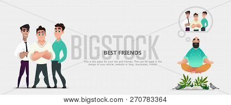 Vector Illustration With Guys. Best Friends Concept. Young Man Dreams Of Friendship. People Characte