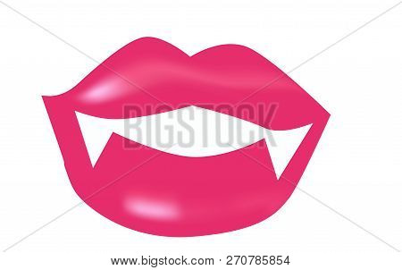 Vector Illustration With Vampire Mouth Open Red Sexy Lips And Long Teeth.