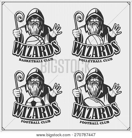 Volleyball, Basketball, Soccer And Football Logos And Labels. Sport Club Emblems With Wizard Or Magi