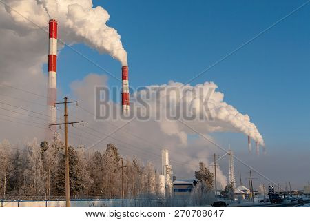 Russia, Surgut, November 26, 2018: View Of The Surgut Gres-1 And Gres-2 On A Frosty Winter Day. The 