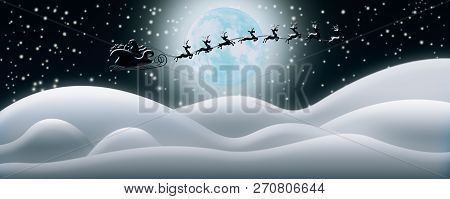 Santa Claus Rides Reindeer Sleigh In Christmas Night Over The Snow Fields With Full Moon And Starry