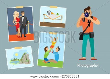 Photographer With Digital Camera Taking Photo. Celebrities Couple, Family On Lawn, Still Life Pictur