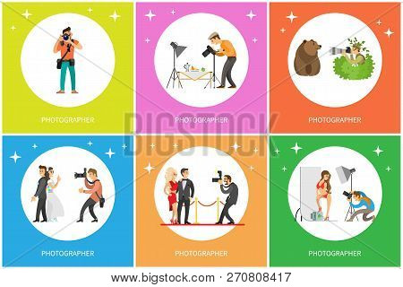 Journalist Making Shots Of Celebrity Stars, Cameraman Photographing Food, Paparazzi And Camera Vecto