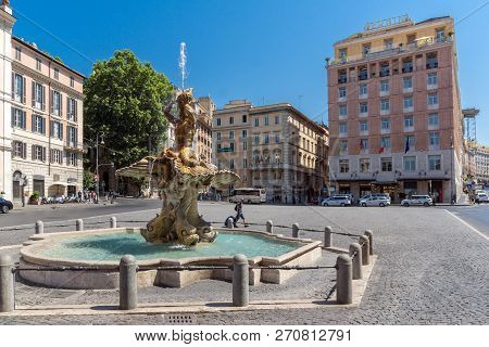 Rome, Italy - June 22, 2017: Amazing View Of Triton Fountain At Piazza Barberini In Rome, Italy