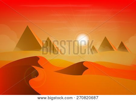 Sunny Desert Landscape, Vector Art Illustration Of The Pyramids.