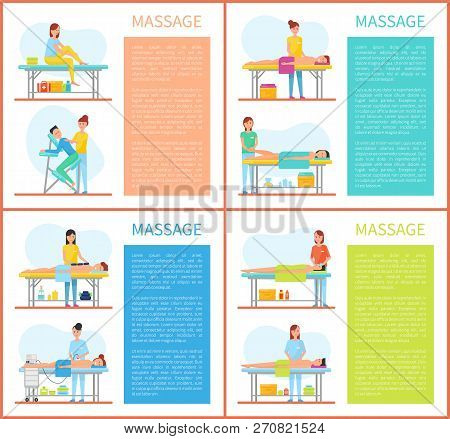 Relaxing And Stretching Muscles Massage In Physiotherapy Room Vector Set. Masseuse In Uniform Massag