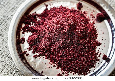 Dried Sumac, Sumah Or Sumak On Silver Plate (arabic Cuisine)