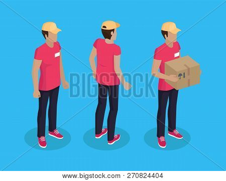 Delivery Man With Parcel Made Of Cardboard. Courier Wearing Uniform And Badge With Name. Shipping Of