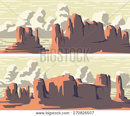 Set Of Vector Stylized Banner Of Wild West Desert Area With Rocks And Clouds.