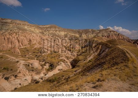 Beautiful Landscape In The Pink Valley, Gulludere Of The White Mountain. Aktepe Hill. Cappadocia, Tu