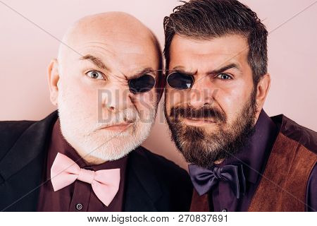 Old Father And Son. Fathers Day. Crazy Emotions. Comical Dad And Son. Funny Expression People. Daddy