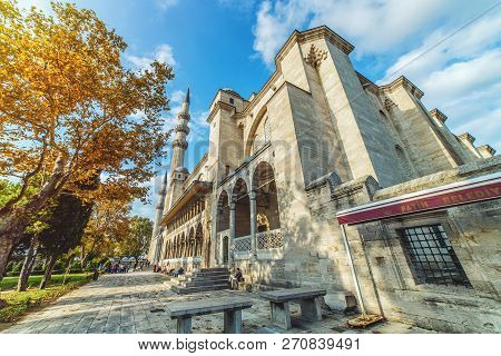 Istanbul, Turkey - October 13, 2018: Exterior View Of Suleymaniye Mosque Through The Trees In A Gard