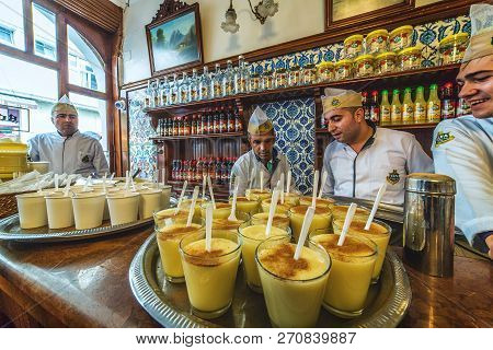 Istanbul, Turkey - October 13, 2018: Shop Of Boza Which Is A Traditional Fermented Beverage Known Si