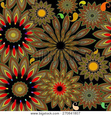 Colorful Ethnic Gipsy Style Floral Paisley Seamless Pattern. Vec