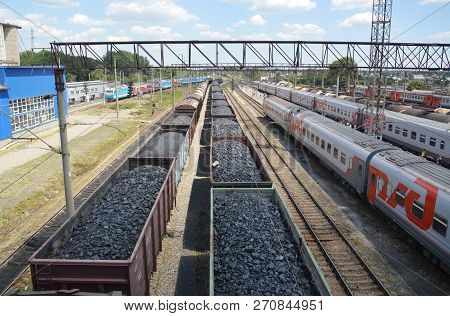 Goriachiy Kluch, Krasnodar Region, Russia - July, 2013: Freight Railroad Cars Of Coal. Inbound Freig