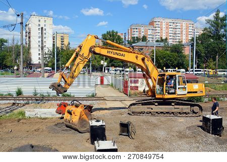Moscow, Russia - July, 2014: Replacement Attached Implements Excavator Equipment